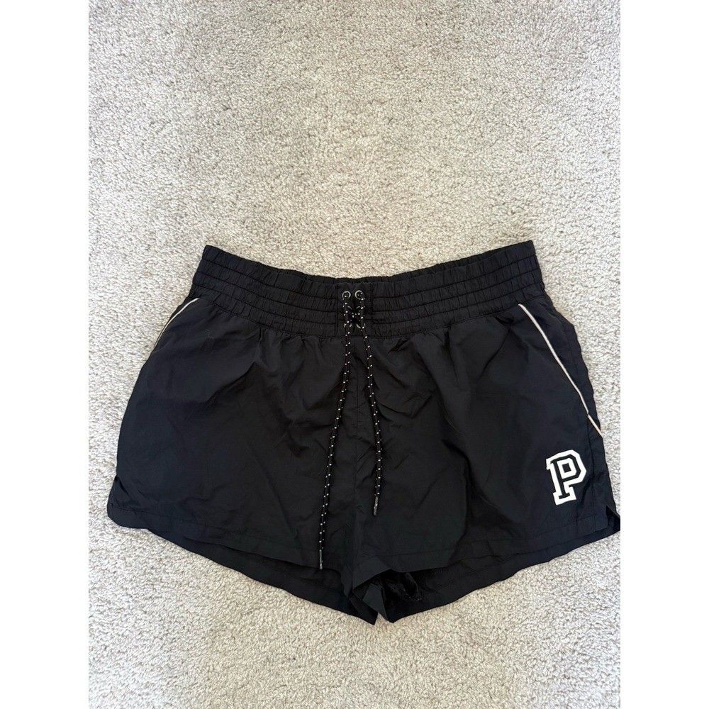 Victoria's Secret Pink Black Drawstring Athletic Shorts Logo Contrast Trim Large